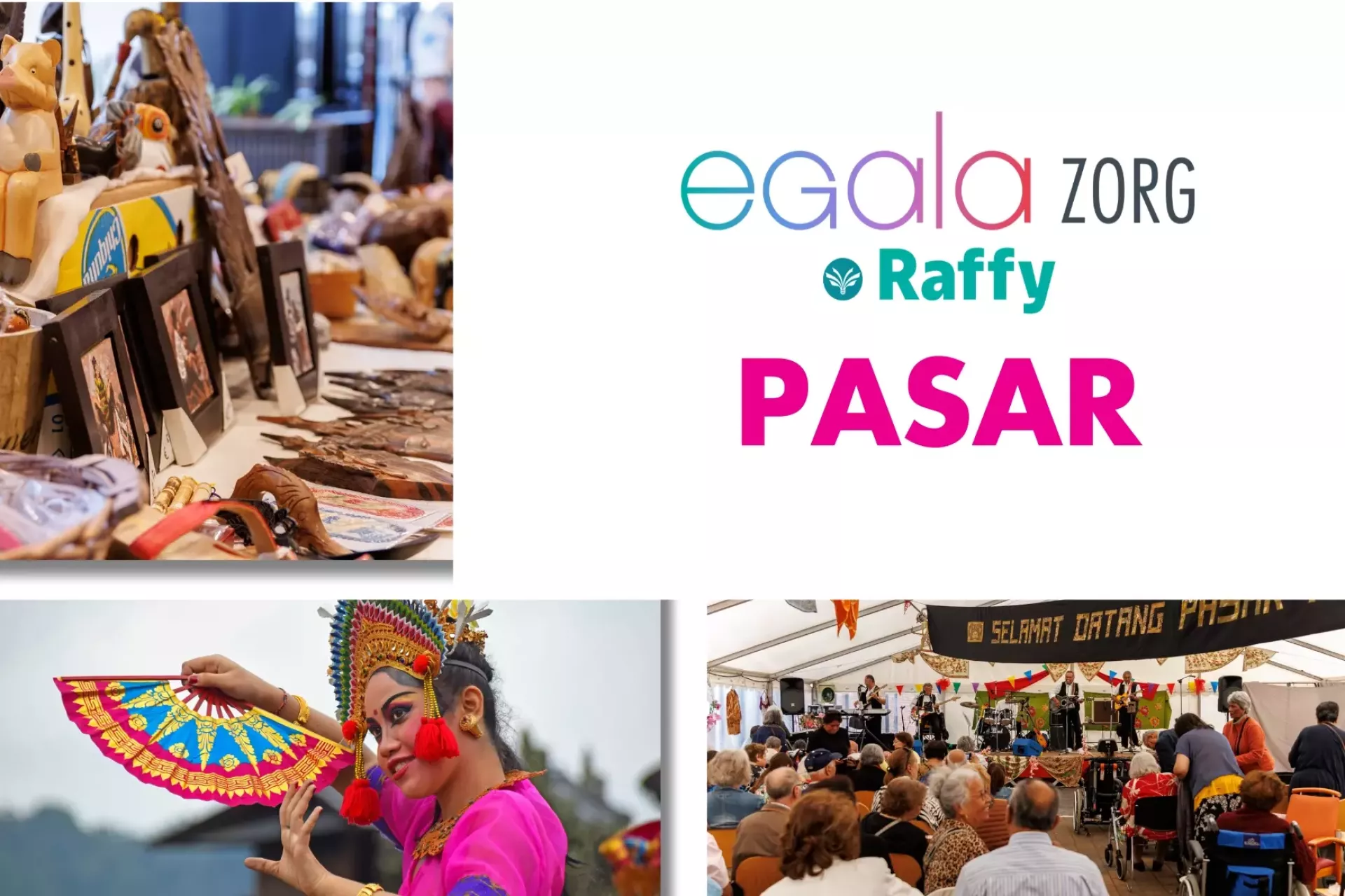 Een collage van een cultureel evenement met lokale kunst, dans en een drukke markt.